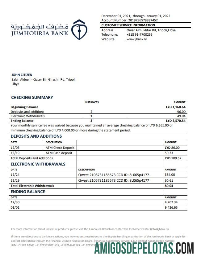 Exemplo de extrato bancário da Líbia Jumhouria